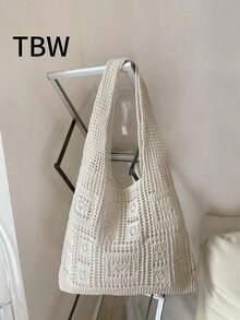 2026 New Women Fall Urban Minimalist Heart Hollow Woven Tote Bag - Polyester Material + Polyester Lining + Heart Pattern + Hollow Woven Design, Medium-Capacity Storage, Polyester Fabric In Beige/Black & More Colors, Suitable For Beach Vacations & Daily Commutes, Tote Bag, Matches Knitwear/Dresses & More Outfits, Urban Minimalist Style, Medium-Soft Texture, Shoulder & Handheld Dual-Use Function, Cross-Border Hit Accessory, Fits Beach Strolls, Daily Shopping, Young Fashion Women, Heart Hollow Woven Tote Bag, Vacation Commute Bag - 米色-1 - 查看 2