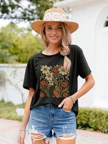 Women's Boho Shirts Vintage Floral T-Shirt Cottagecore Wildflowers Graphic Tees Bohemian Short Sleeve Tops Anti-Wrinkle Cotton T-Shirt - 黑色 - 查看 3