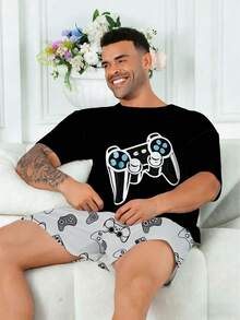 Plus Size Men's Pajama Set | Round Neck Short Sleeve Top And Elastic Waist Casual Shorts Two Pieces | Polyester Knit Fabric Skin-Friendly Breathable Loose Comfortable | Game Console Pattern Print Casual Design - Black - View 4