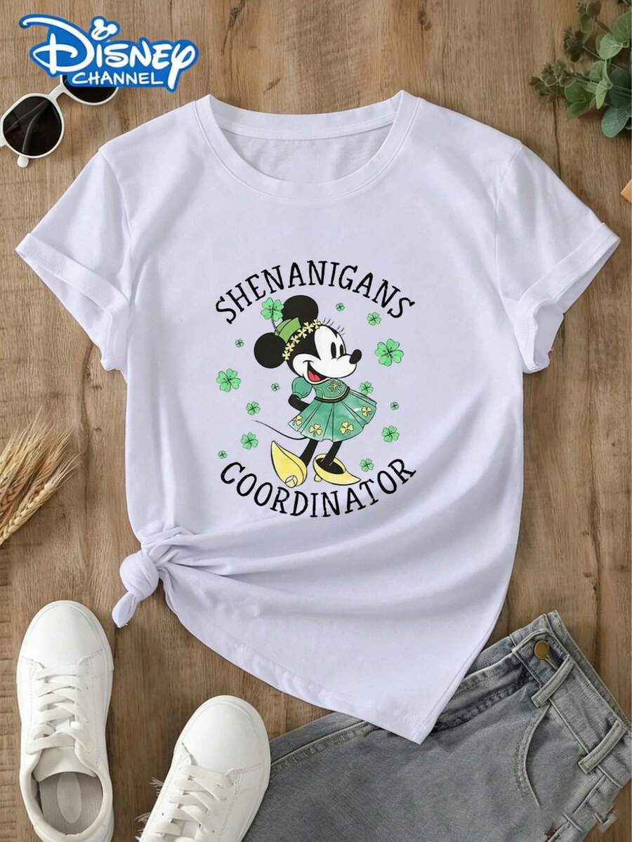 This Disney Women's T-Shirt Features A Disney St. Patrick's Day Theme, Shamrock And Minnie Mouse Elements, And A Casual, Versatile Style. Ideal For Holiday Outings And Disneyland Visits. Made From Soft, Comfortable, And Durable Fabric, This Spring/Summer Women's Crew Neck T-Shirt Is Perfect For Everyday Wear-Shopping, Parties, Travel, Or Gatherings. It Also Makes A Thoughtful Gift. - 白色 - 查看 1