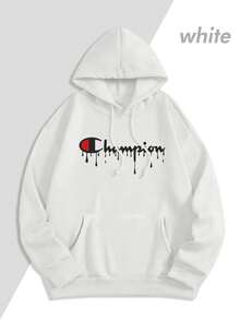 Men Graphic Hoodies | Champion Logo With Drip Effect Men's Fashion Hoodie | Fleece Lined Fabric, Winter Warm Hooded Sweatshirt | Gift For Husband/Boyfriend | Unisex - 白色 - 查看 2