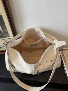 1件装女士铆钉朋克摩托车包设计多口袋单肩包大容量时尚通勤包配2条肩带 - 米色 - 查看 8