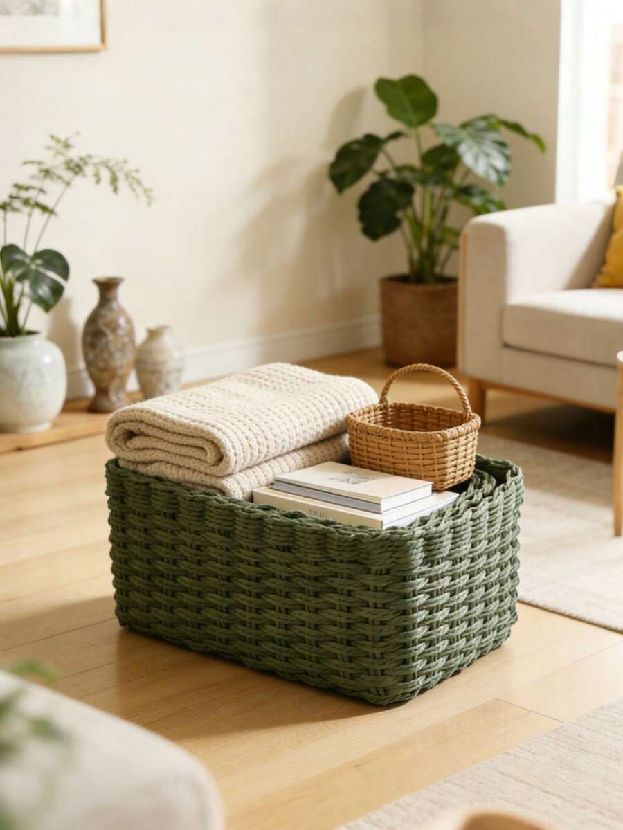 1pc/3pcs Handmade Woven Storage Baskets Set, Paper Rope Woven Organizer Baskets, Home Storage & Organization, Suitable For Living Room, Bedroom, Cabinet, Office, Home Decor, Rustic Style Storage Baskets - Army Green - View 1