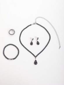 3pcs/Set Silver Metal Rhinestone Necklace, Earrings And Bracelet Jewelry Set, Bridal Wedding Accessories - 1413783424-2 Black Suit - View 4