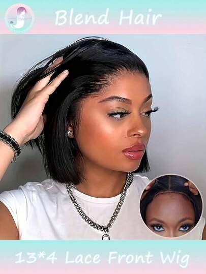 Straight Bob Wig Human Blended Hair 13x4 Frontal Bob Wig Lace Front Wigs Women Short Bob Wigs Pre Plucked Hairline With Baby Hair Natural Color 180% Density(Blended Wigs-A Mix Of Human Blended Hair And Synthetic)Wigs Human Blended Hair/Women's Human Blended Hair Wig/Human Blended Hair Lace Front Wigs/Wigs Glueless/Bleached Knots/Pre Plucked/Lace Wig/Upgrade Your Look/Confidence Boost/Perfect Gift