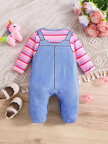 1pc Cute Striped Pony Newborn Baby Romper - Blue - View 2