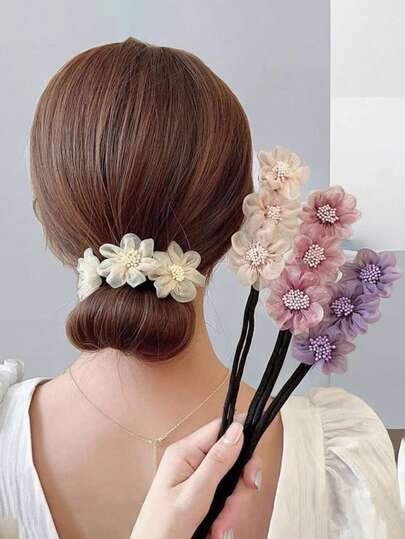 1/2pcs Chiffon Floral Hair Clip, Slouchy Twist Bun Maker, Half-Up Hairstyle, Donut Bun Shaper, Instant French Girl Style Hair Accessory, Essential For Commute And Dates