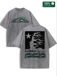 Men's "Hell Star" Washed T-Shirt - Extra Large Flame Star Pattern Street Style - Xám - Xem 9