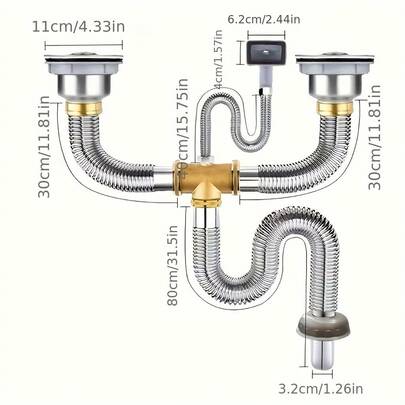 Bộ ống thoát nước bồn rửa nhà bếp đa năng, phù hợp cho bồn rửa đơn/đôi, ống composite dẻo, chống tắc nghẽn với lỗ thoát tràn.