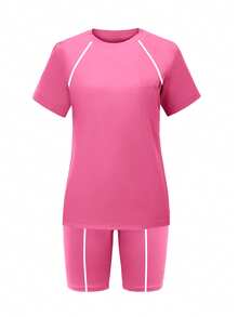 2pcs Sports & Casual Striped Short Sleeve Top And Shorts Set Summer Elegant - Hot Pink - View 4