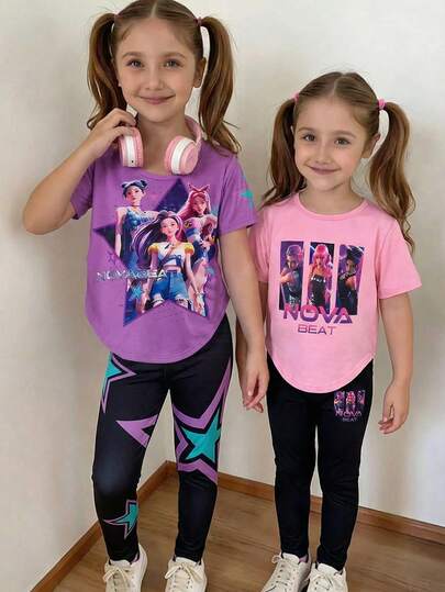 BASUSARRI 4pcs Girls Fashion Graphic Print Casual Sports Outfit Set, Including Round Neck Short Sleeve Top And Tapered Leg Pants, Summer