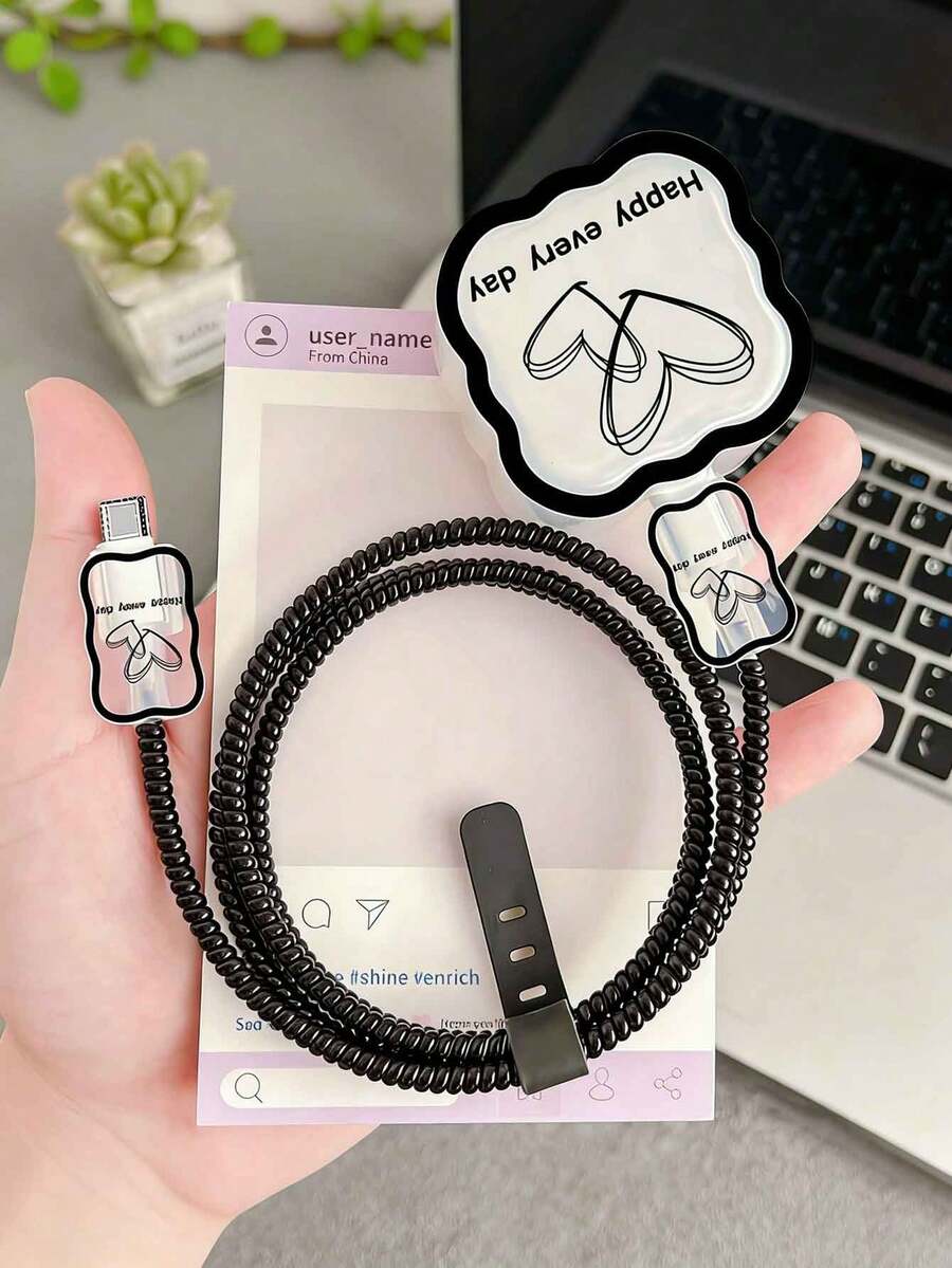 5pcs Heart & Wave Line Design Charging Cable Protector Sleeves, Suitable Compatible With Apple 17/40W Charger - Multicolor - View 1
