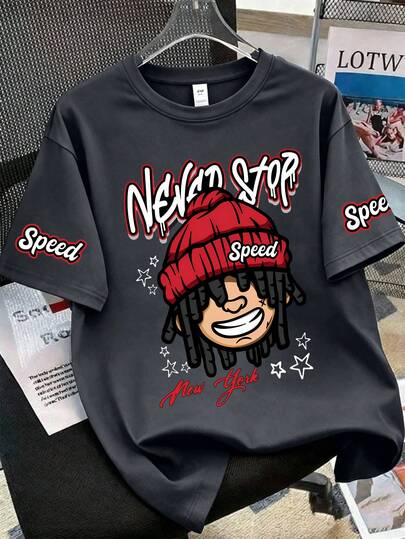 Tween Boys' Short Sleeve T-Shirt, Featuring Cartoon Hip-Hop Boy Print - Casual Loose, Sporty Short Sleeve, Round Neck Boys' Tee - Perfect Summer Gift, Suitable For Spring/Summer Wear At School And Outings