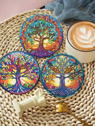 6pcs Diamond Painting Coaster Set - Tree Design, Round Bright Diamond Surface, Sturdy Adhesive With Full Tools, Easy For Beginners, Stress Relief Handcraft, New Year, Valentine's Day, Christmas, Teacher's Day Gift, Home Decor Coasters For Family, Friends, Girlfriend