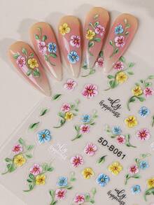2片装5D立体浮雕彩色花藤美甲贴纸，盛开的粉色、黄色、蓝色花朵和叶子，自粘式美甲沙龙装饰DIY - 彩色 - 查看 4