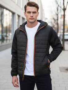 Veste matelassée à capuche zippée pour homme, style mi-saison, empiècements matelassés, manches bicolores, coupe décontractée, avec capuche ajustable et poches zippées, veste légère de style streetwear, finitions élastiques. - Noir - Voir 1