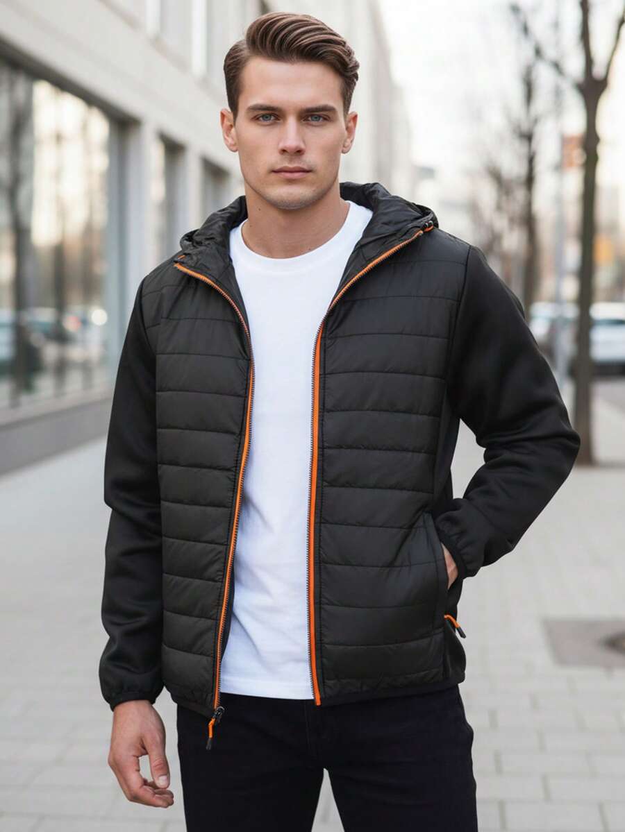 Veste matelassée à capuche zippée pour homme, style mi-saison, empiècements matelassés, manches bicolores, coupe décontractée, avec capuche ajustable et poches zippées, veste légère de style streetwear, finitions élastiques. - Noir - Voir 1
