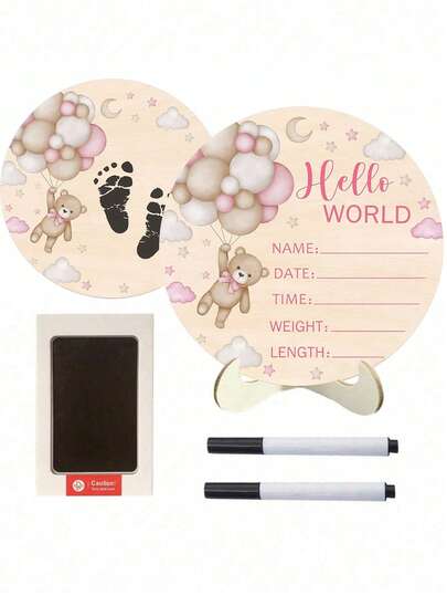 3pcs Newborn Baby Birth Announcement Wooden Plaque Set, Pink Bear Baby Birth Announcement Plaque, Baby's First DIY Footprint Art Milestone Card, Bear Baby's First Hospital Name Tag, New Mom Baby Shower Gift, Suitable For Newborn Photography Props, Room Decor