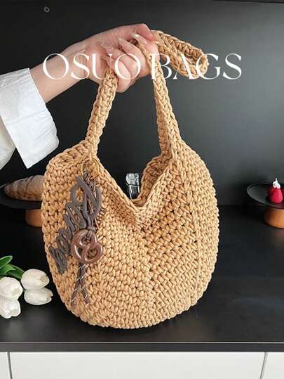 Bolso de hombro/axila de gran capacidad tejido a ganchillo y hueco, bolso vintage portátil para ir a la oficina/vacaciones/playa, viene con accesorios
