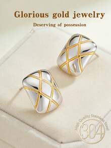 厚款金银双色女士耳环，14K不锈钢耳环，低致敏性，不规则纹理，厚款几何双色耳环，复古混搭金属时尚耳环 - 彩色 - 查看 5