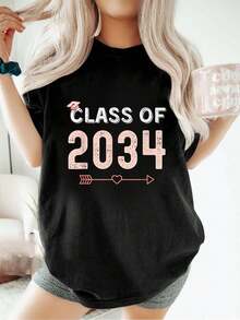 Camiseta de graduación de la clase 2034 para estudiantes, estilo birrete, informal, holgada, deportiva, de verano, con cuello redondo y manga corta. - Negro - Ver 6