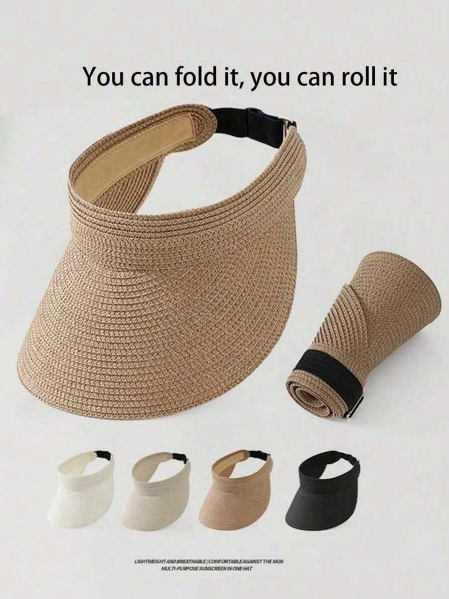 可调节空顶草帽，新款夏季时尚男女通用防紫外线可折叠宽檐遮阳帽，休闲百搭波西米亚复古街头优雅风格，涤纶面料，春夏款 - 草帽 - 查看 1