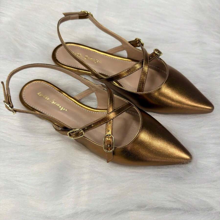 Women's Comfortable Casual Patent Leather Slingback Sandal With Buckle - Màu đồng ánh kim - Xem 1