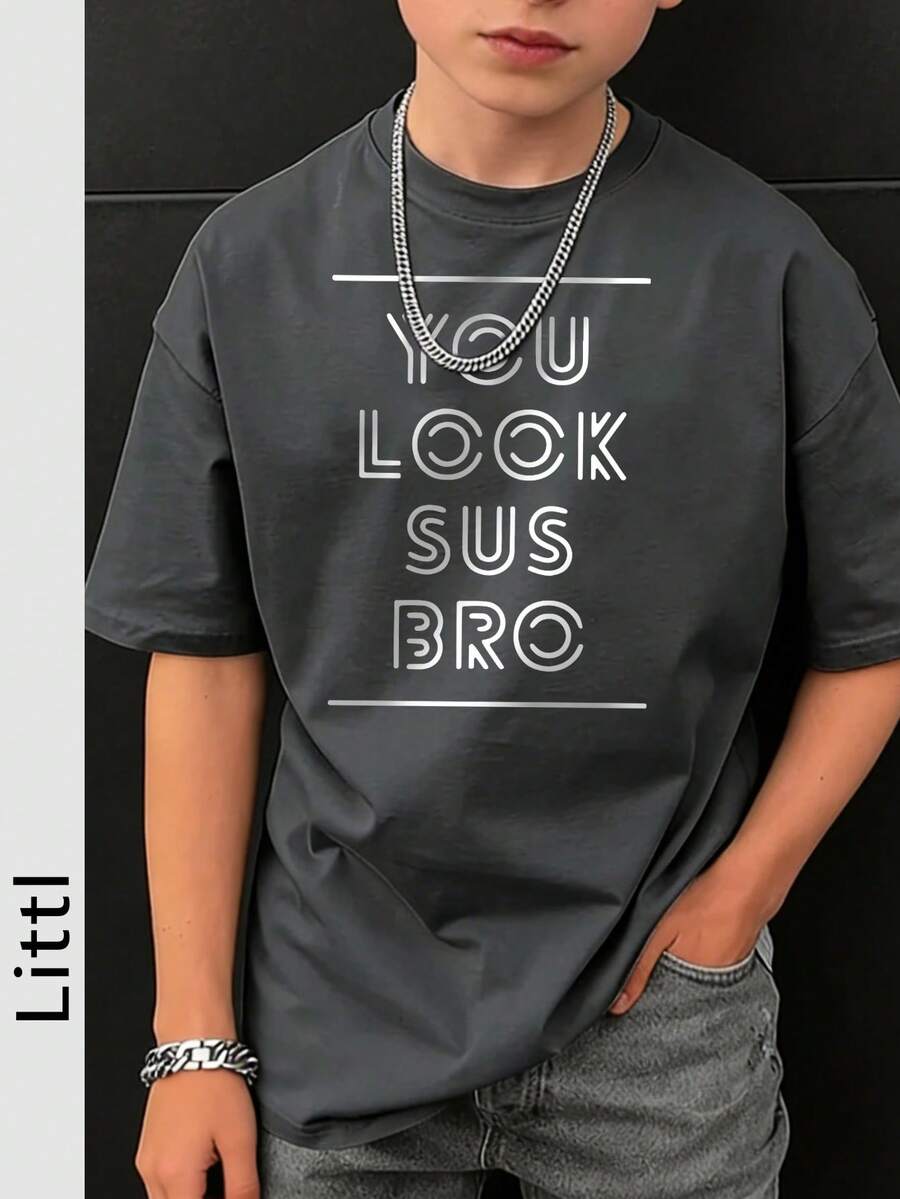 Tween Boys Casual Printed Round Neck Short Sleeve T-Shirt Summer Top - Dark Grey - View 1