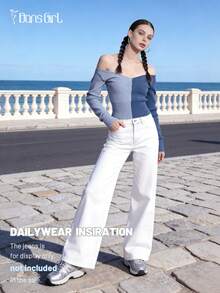 DonsGirl 1 Buah Atasan Rajut Lengan Panjang Balletcore Wanita dengan Blok Warna, Sweater Dua Warna Tanpa Bahu, Pullover Pemanasan untuk Latihan Tari & Pakaian Kasual Sehari-hari - Dusty Blue - View 7