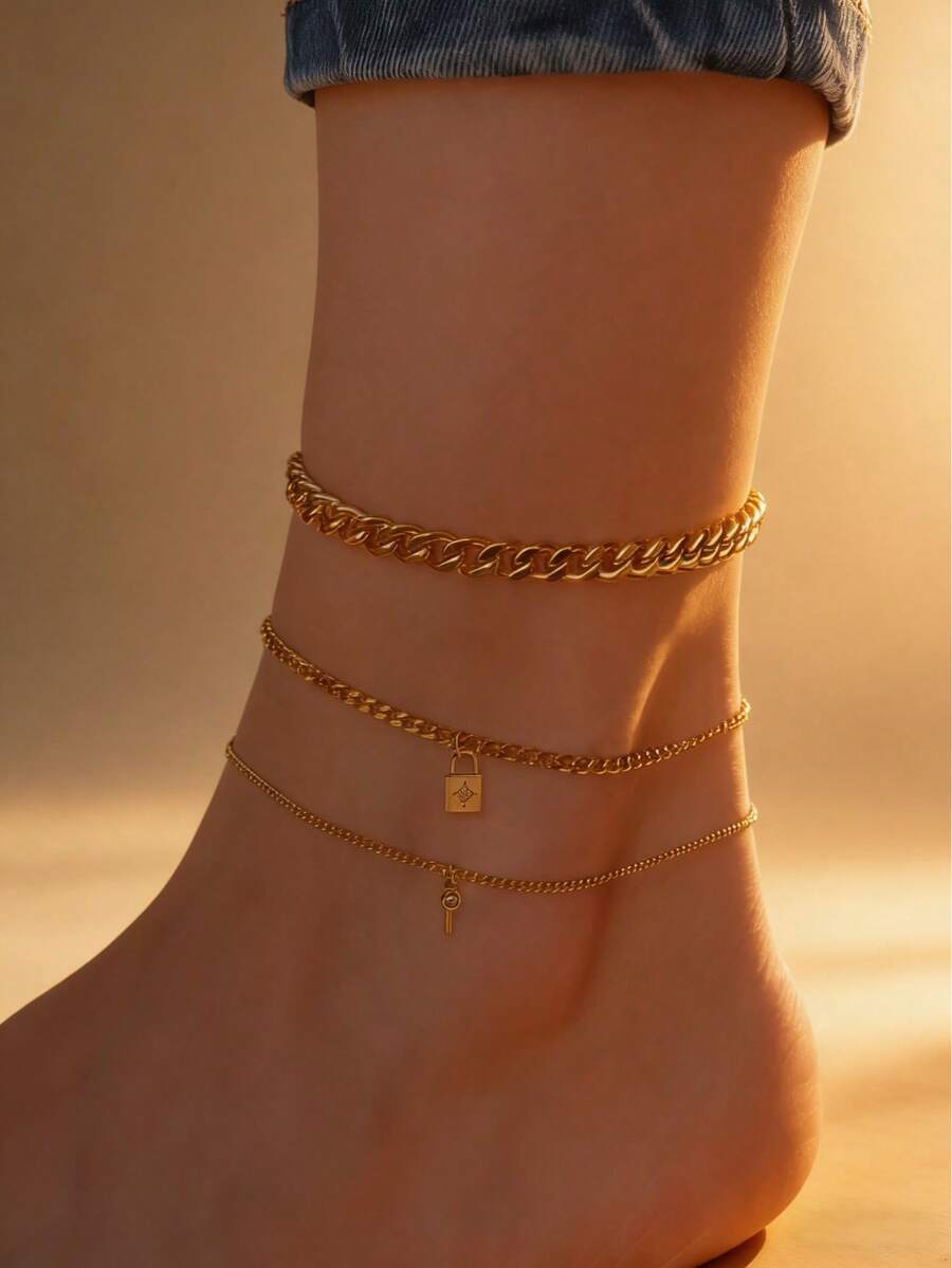 3pcs Layered Women Anklets, Mixed Lock & Key Pendant Chain Design, Vintage Elegant Casual Chic Vibe - Yellow Gold - View 1