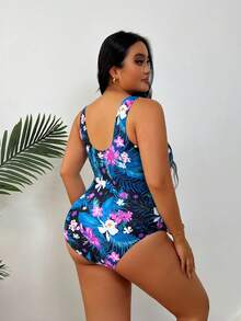 Plus Size Women Floral Print Backless One-Piece Swimsuit Vacation Beach - Multicolor - View 6