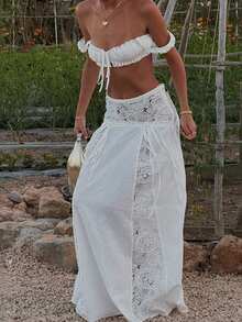Women's White Lace Two-Piece Set, Ruched Crop Top High-Waisted Maxi Skirt, Boho Sheer Cover-Up For Beach Vacation, Brunch, Y2K Fashion - trắng - Xem 3