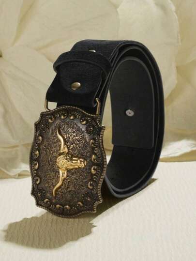 1pc Men's Retro Bull Head Buckle Belt, Classic Engraved PU Leather Fashion Accessory, Western Style Casual Wear