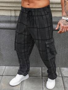 1pc Men's Printed Loose Drawstring Straight-Leg Casual Pants Spring - Dark Grey - View 7