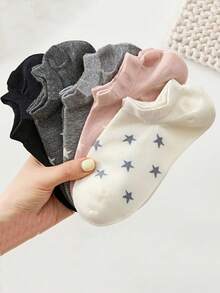 5双装女士夏季休闲袜，星形印花防滑透气短袜，时尚袜子 - 彩色 - 查看 4
