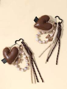 Yogodlns 心形皮革吊坠，甜美心形钥匙扣配饰，手工编织，旅行假日圣诞礼物，Y2K时尚包包挂饰，适合年轻男女、大学生，新年、情人节礼物 - 咖啡 - 查看 6