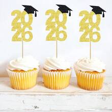 12/24pcs Glitter 2025 Graduation Cap Cupcake Toppers, 2025 Graduation Cap Cupcake Picks, Suitable For 2025 Graduation Theme Party Cake Decorations - Multicolor - View 9