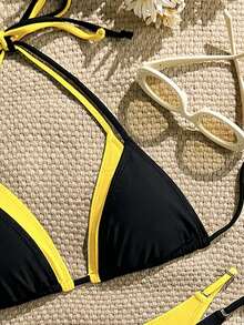 LUCKY HOLIDAY Sexy Summer Beach Leopard Print Triangle Bikini Set With Tie Strings And Metal Chain Decor Vacation - Black and Yellow - View 4