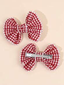 2pcs Red & White Plaid Girls Hair Clips, Fabric Nylon Lace Decorated Hair Accessories, Fashion Hair Accessories, Suitable For Spring/Summer Party Gifts - Red - View 7