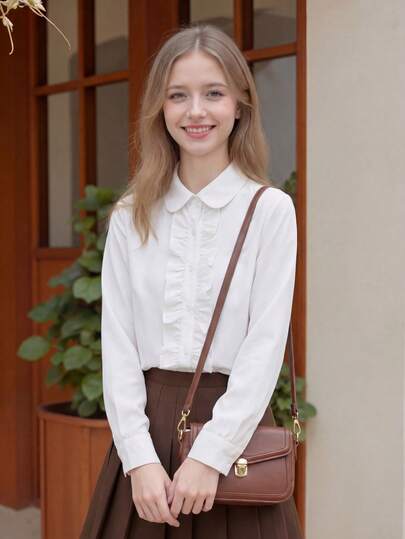 Áo sơ mi dài tay màu trắng cho bé gái, cổ tròn, thiết kế bèo nhún, thanh lịch, thích hợp làm đồng phục học sinh, biểu diễn, lễ tốt nghiệp, hoặc mặc đi học. Đây là món đồ cần thiết cho năm học mới.