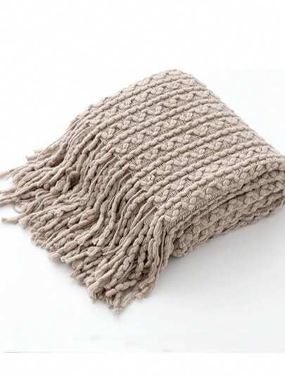 1件米色沙发毯，柔软针织流苏毯，舒适波西米亚风装饰毯，轻盈透气，适用于沙发、床、椅子，波浪纹图案，四季皆宜。