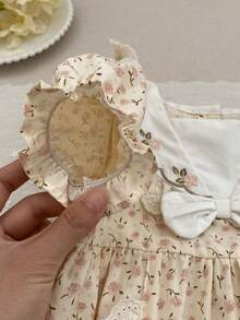 Baby Girl Embroidered Romper, Short Sleeve Ditsy Floral Bodysuit, Korean Style - Apricot - View 5