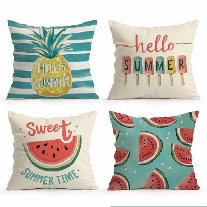 4pcs Summer Fruit Theme Single-Sided Printed Throw Pillow Covers, Decorative Pillow Cases Suitable For Living Room Sofa Bedroom, Pillow Inserts Not Included