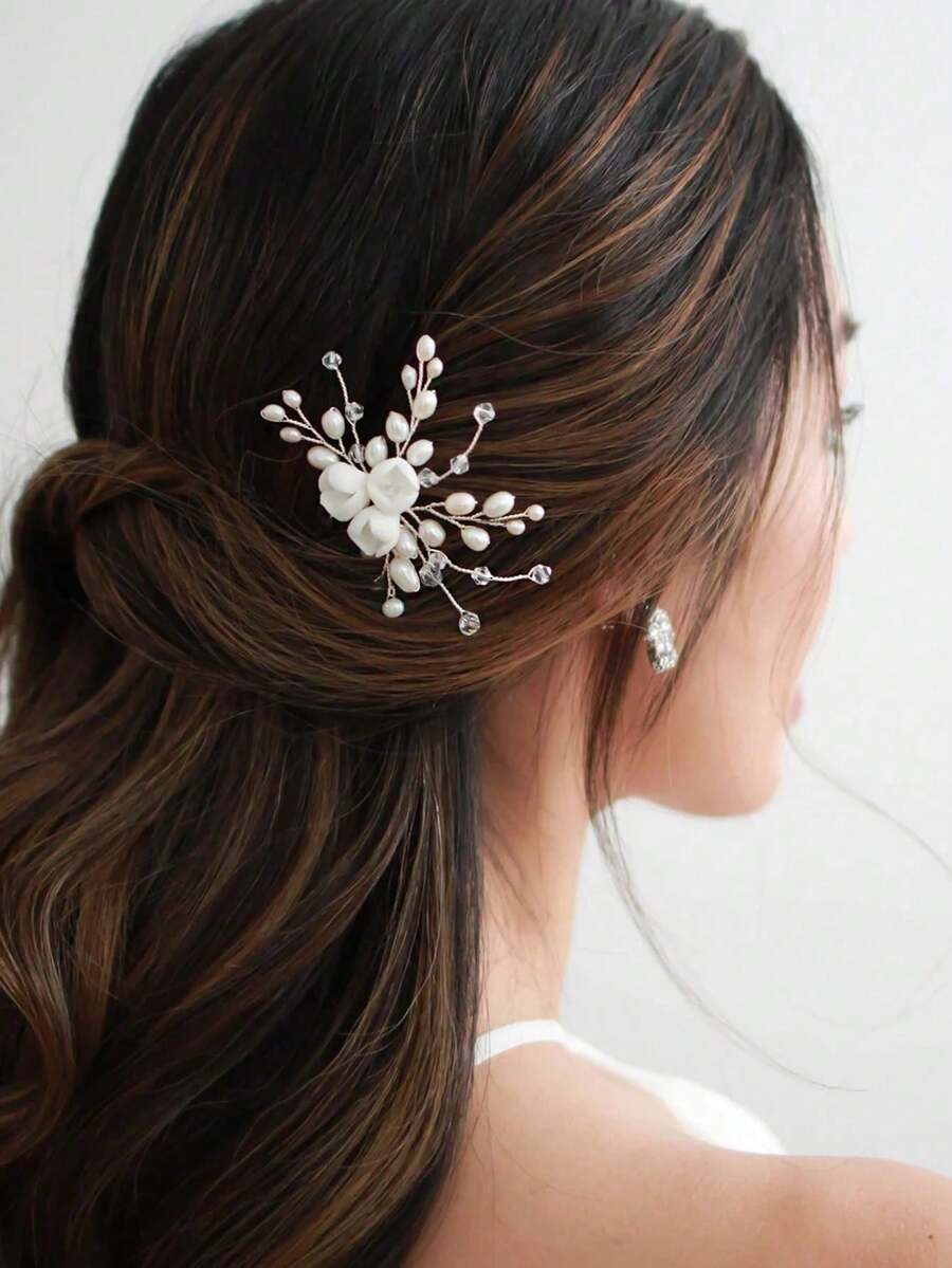 1件套女士优雅白色花朵水晶发夹，婚礼派对盘发发饰，头饰，发髻延长，发型发夹 - 白色 - 查看 1