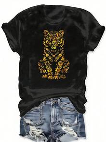 Black And Gold Floral Tiger Funny  Graphic Print Crew Neck T-Shirt, Casual Short Sleeve T-Shirt For Spring & Summer, Women'S Plus Size Clothing - màu đen - Xem 1