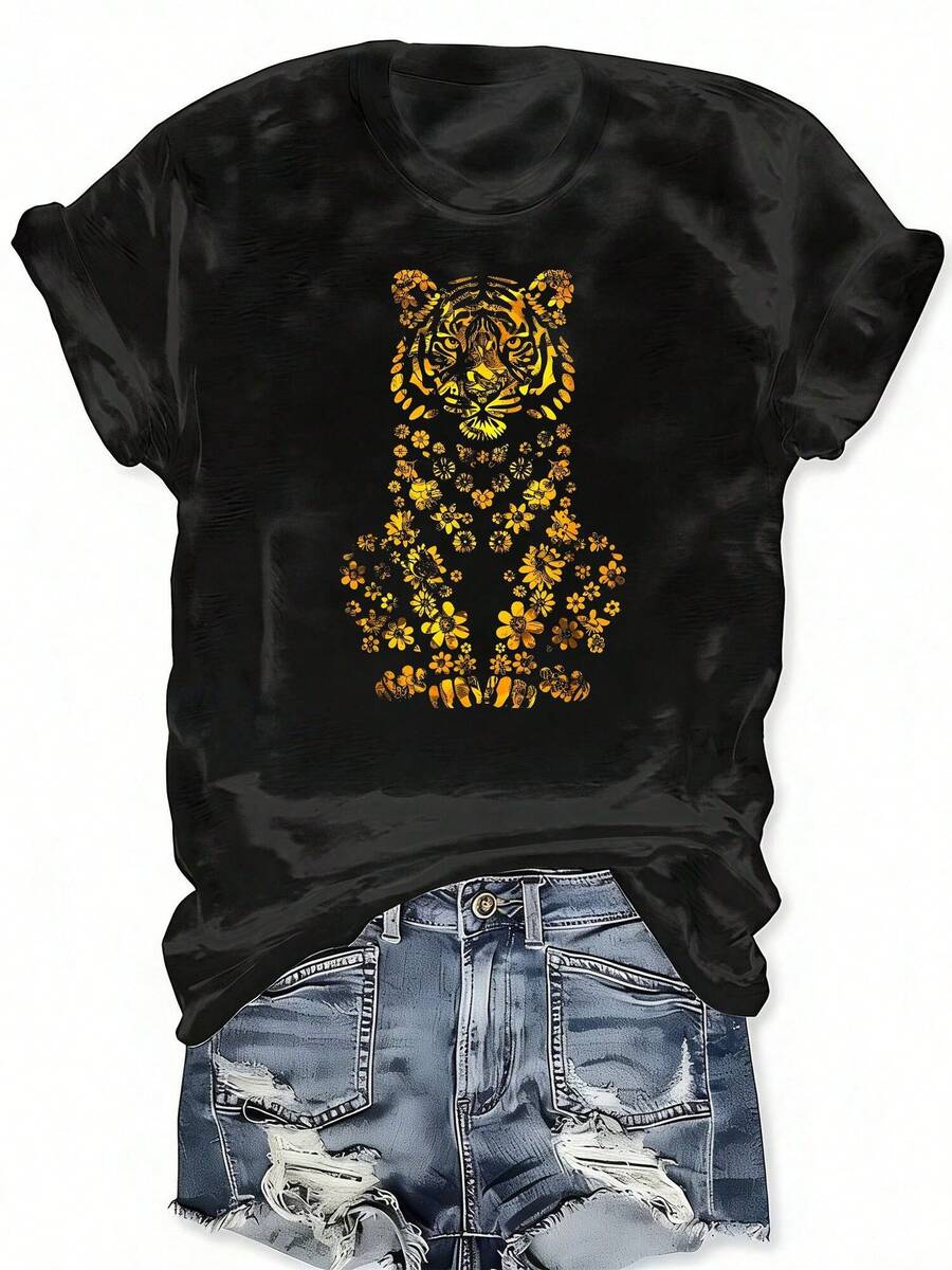 Black And Gold Floral Tiger Funny  Graphic Print Crew Neck T-Shirt, Casual Short Sleeve T-Shirt For Spring & Summer, Women'S Plus Size Clothing - màu đen - Xem 1