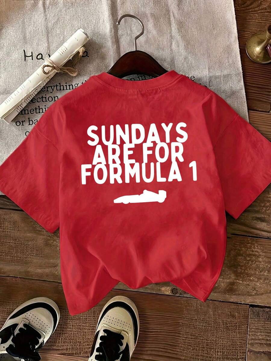 Spring/Summer Women 's White Pattern T-Shirt, SUNDAYS ARE FOR FORMULA F1 Racing Car Pattern Letter Slogan Pattern Printed Women' S T-Shirt, Theme Park Travel Clothing, Very Suitable For Beach Vacation, Summer Grand And Casual Seaside Style, Round Neck Fashionable Short-Sleeved Top - 紅色 - 查看 1