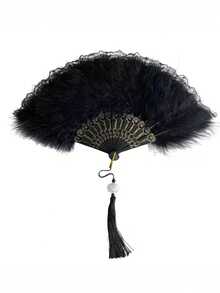 Chinese Traditional Style Feather Fan Cheongsam Female Fashion Show Folding Fan Hanfu Black Lace Fan Dance Fan Retro Chinese Fan, Classical Lolita Lace Fan Cheongsam Fashion Show Photo Folding Fan Dark Style Lace Fan Photo Props - Multicolor - View 11