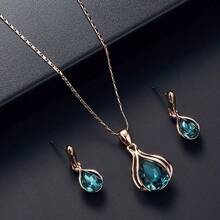 Women's Elegant Water Drop Pendant Necklace And Earrings Set, Perfect For Weddings, Anniversaries And Parties - Mint Blue - View 9