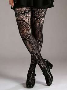 Retro Tattoo Sexy Black Hollow Pattern Jacquard Stirrup Tights, Fishnet Pantyhose For Women - Black - View 3